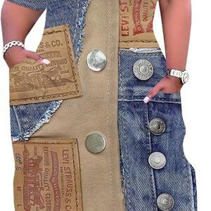 Plus Size Denim Print Maxi Dress Casual V-Neck Short Sleeve Polyester